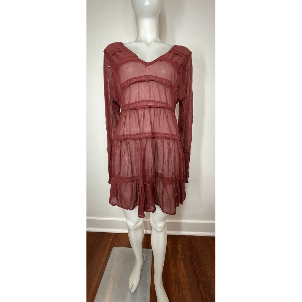Free People Mesh Tiered Dress SZ S Berlin Maroon Long Sleeves (No Slip - Picture 2 of 8
